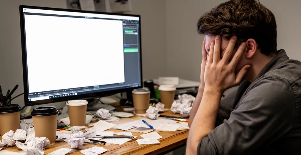 Content creator experiencing creative block while facing empty video timeline