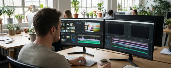 Marketing professional reviewing video content on dual monitors in modern office