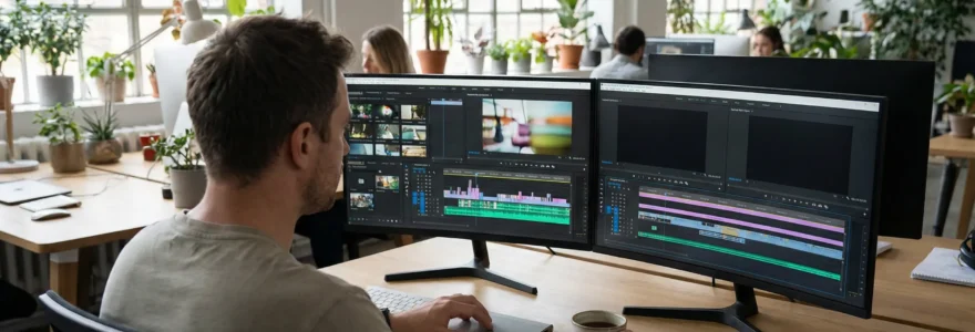 Marketing professional reviewing video content on dual monitors in modern office