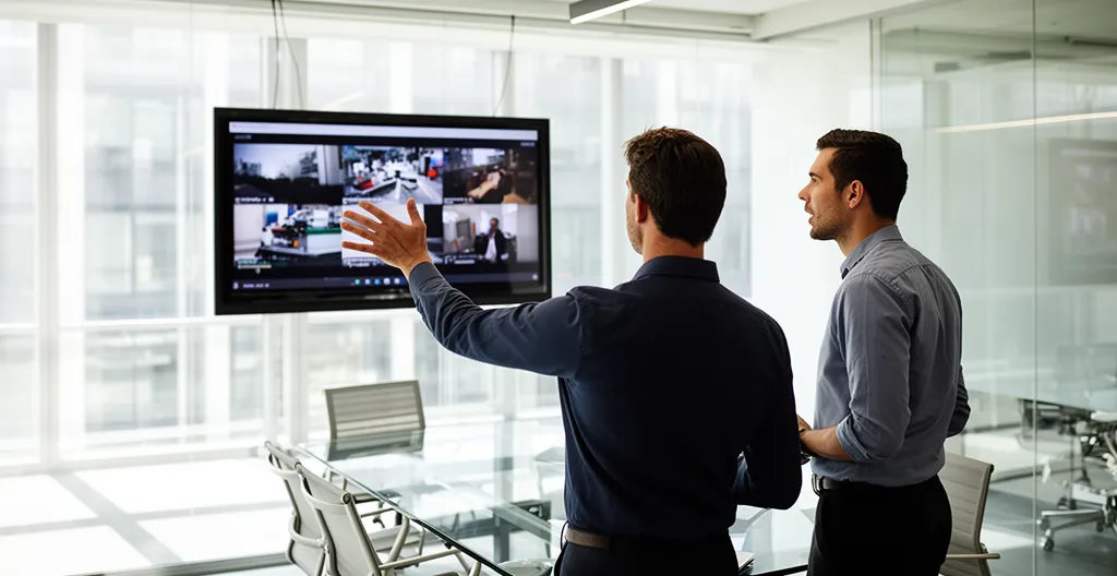 Two marketing team members collaborating while reviewing video content together